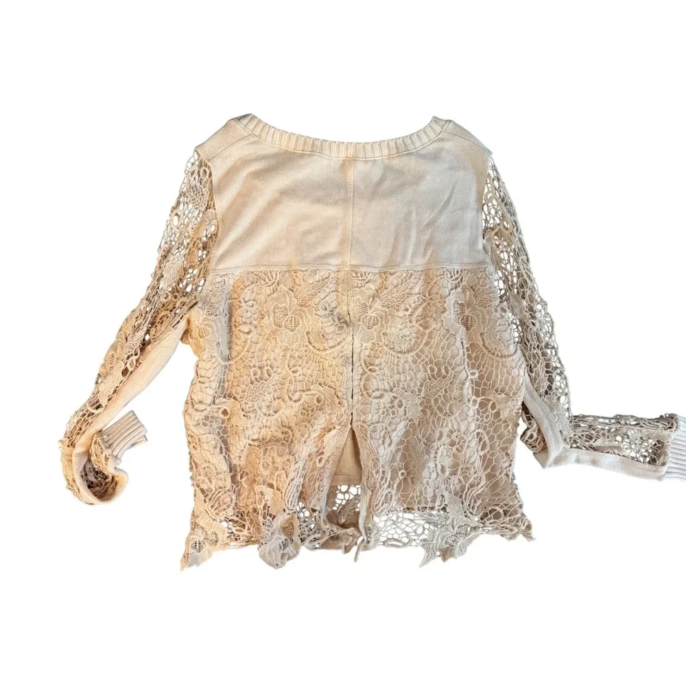 Free People Pretty Rad Crochet Lace Split Back Pullover Top Champagne Large NWOT